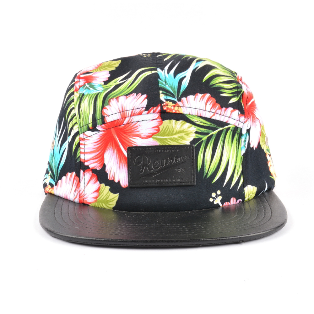 >leather patch leather brim printing 5 panels hats